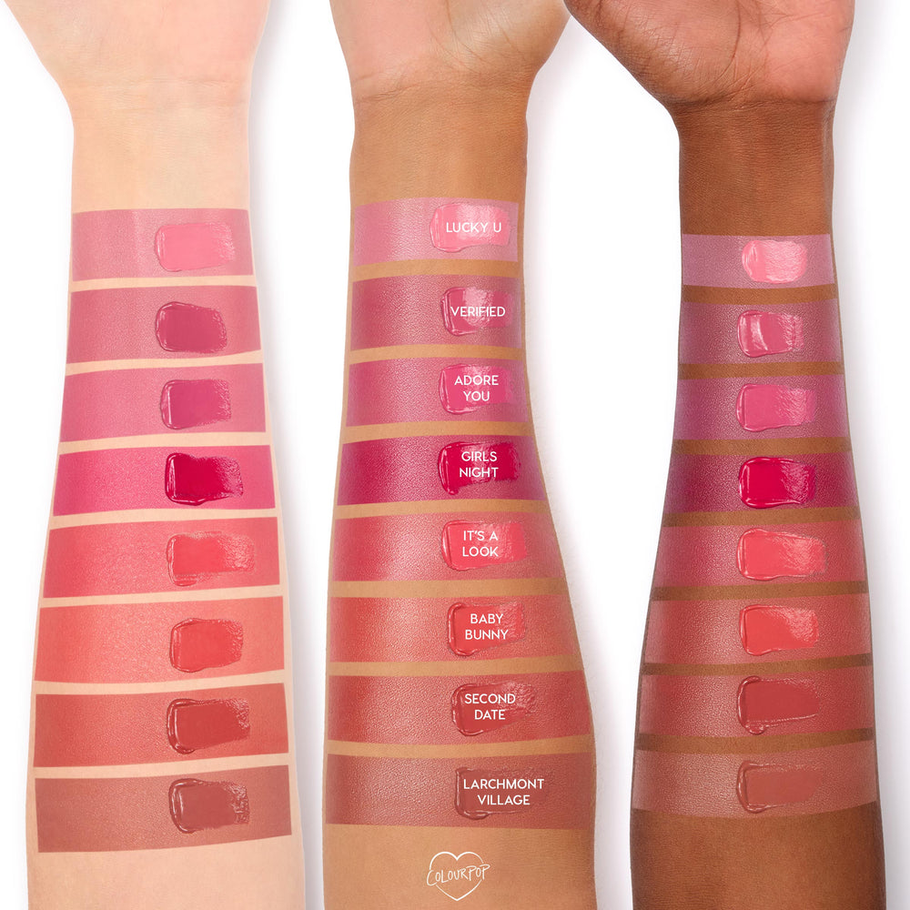 ColourPop TTS Exclusive Second Date Lip and Cheek Balm swatched on three forearms in a lineup of labeled shades, showing a mid‑tone rosy tint with a dewy sheen across light, medium, and deep skin tones for lips and cheeks.