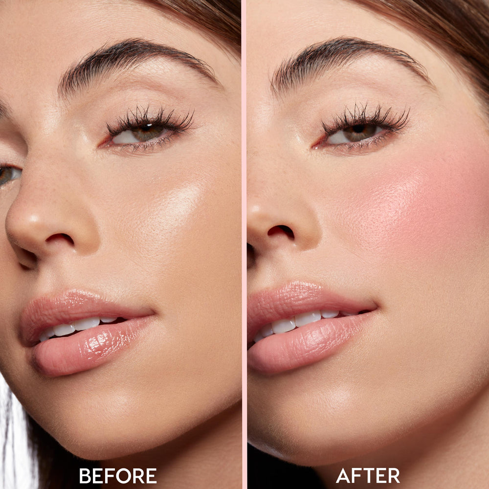 Model’s cheek and lips show a split before-and-after: left bare, right wearing Larchmont Village ColourPop Lip and Cheek Balm, creating a dewy rosy-pink flush on cheeks and a soft sheen on lips in a studio close-up.
