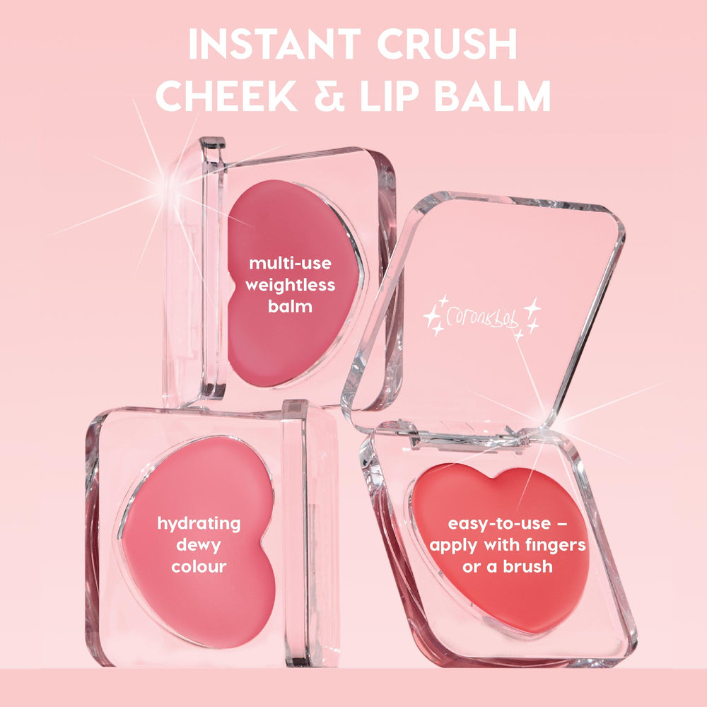Lucky U Lip and Cheek Balm in heart-shaped pans sits in three clear compacts against a pink backdrop, showcasing hydrating dewy color, multi-use weightless formula, and easy finger or brush application, styled like Colourpop Eye & Lip Singles for US beauty lovers.
