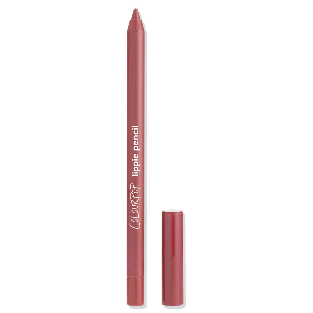 ColourPop Lippie Pencil in Double Tap stands upright uncapped, revealing a rosy mauve tip, with the cap set beside the barrel displaying lippie pencil branding on a clean white background.