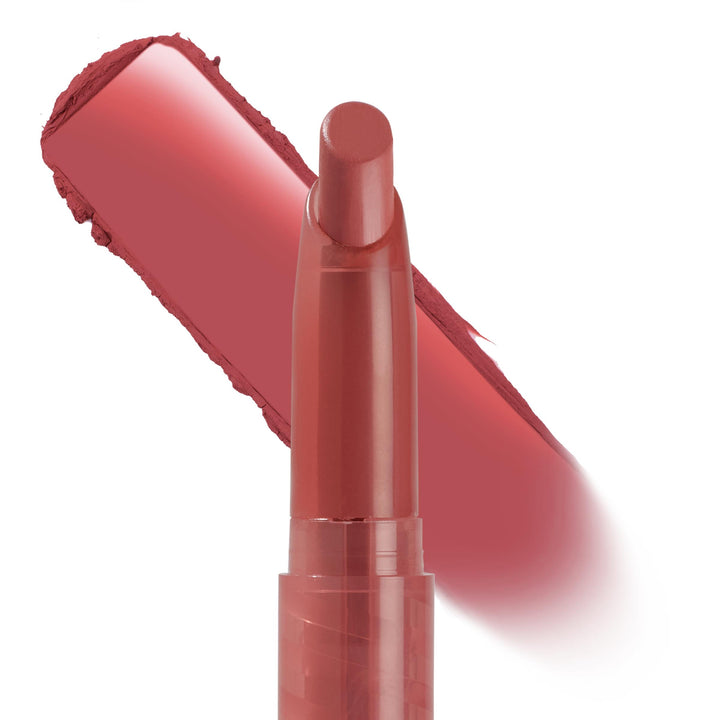 ColourPop Lippie Stix It's Giving stands upright as a creamy rosy-mauve bullet, with a bold diagonal swatch behind it on a white backdrop, showcasing the twist-up tube, tapered tip, and smooth, full-coverage payoff.
