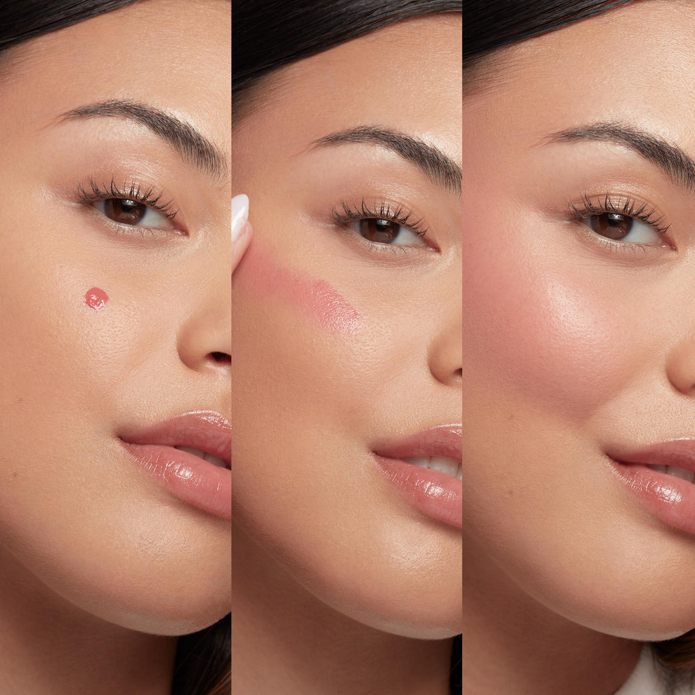 Model’s cheek applying Wildest Dreams ColourPop Liquid Blush - one dot, finger-blended swipe, and seamless rosy finish - shown in a three-panel close-up demonstrating a dewy, natural flush on the cheekbone.