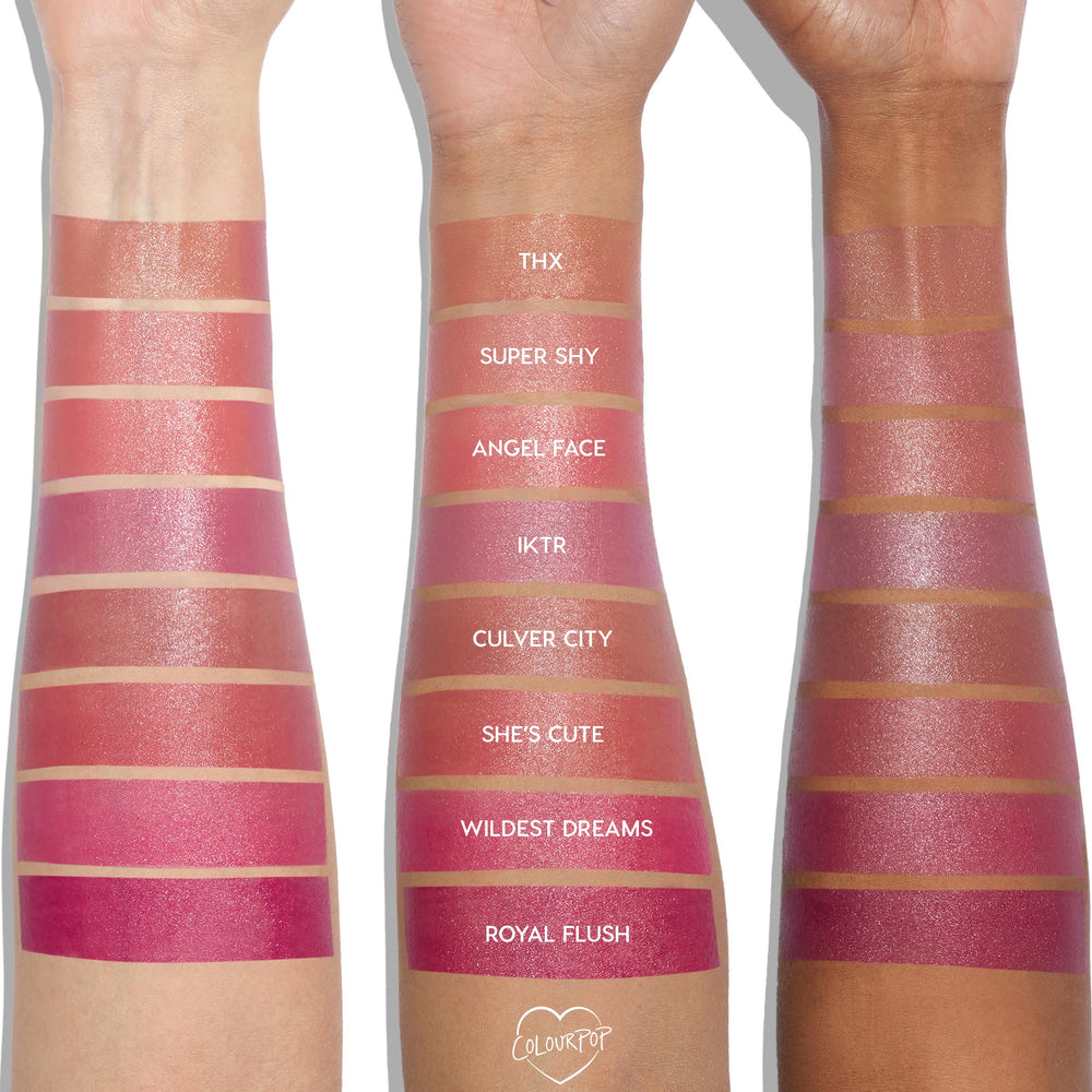 IKTR shade of ColourPop Liquid Blush swatched in stripes on three arms with light, medium, and deep skin tones; shade names are labeled, with IKTR fourth from the top on the center arm, showing a rosy‑mauve hue with a dewy finish for comparison.