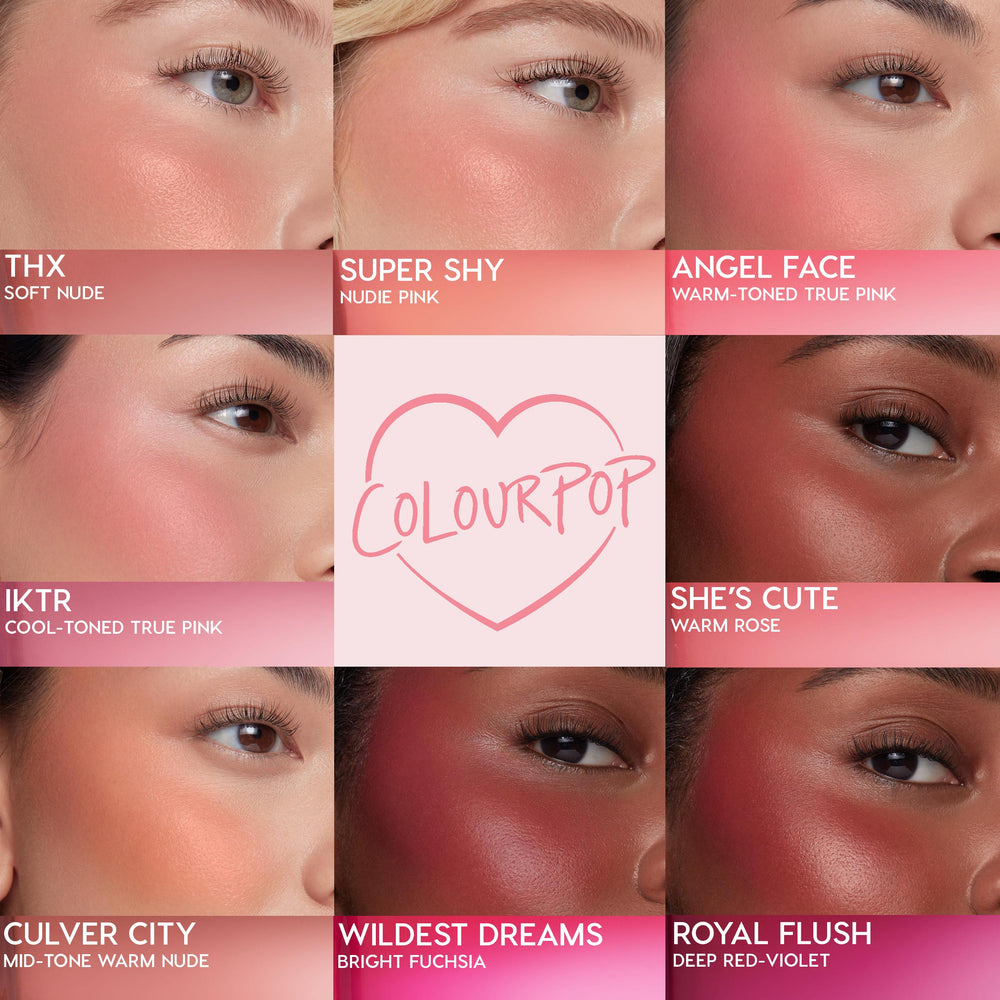 Culver City ColourPop Liquid Blush swatched on a model’s cheek, delivering a mid‑tone warm nude flush with a dewy sheen; shown in a shade grid alongside THX, Super Shy, Angel Face, IKTR, She’s Cute, Wildest Dreams, and Royal Flush for comparison.
