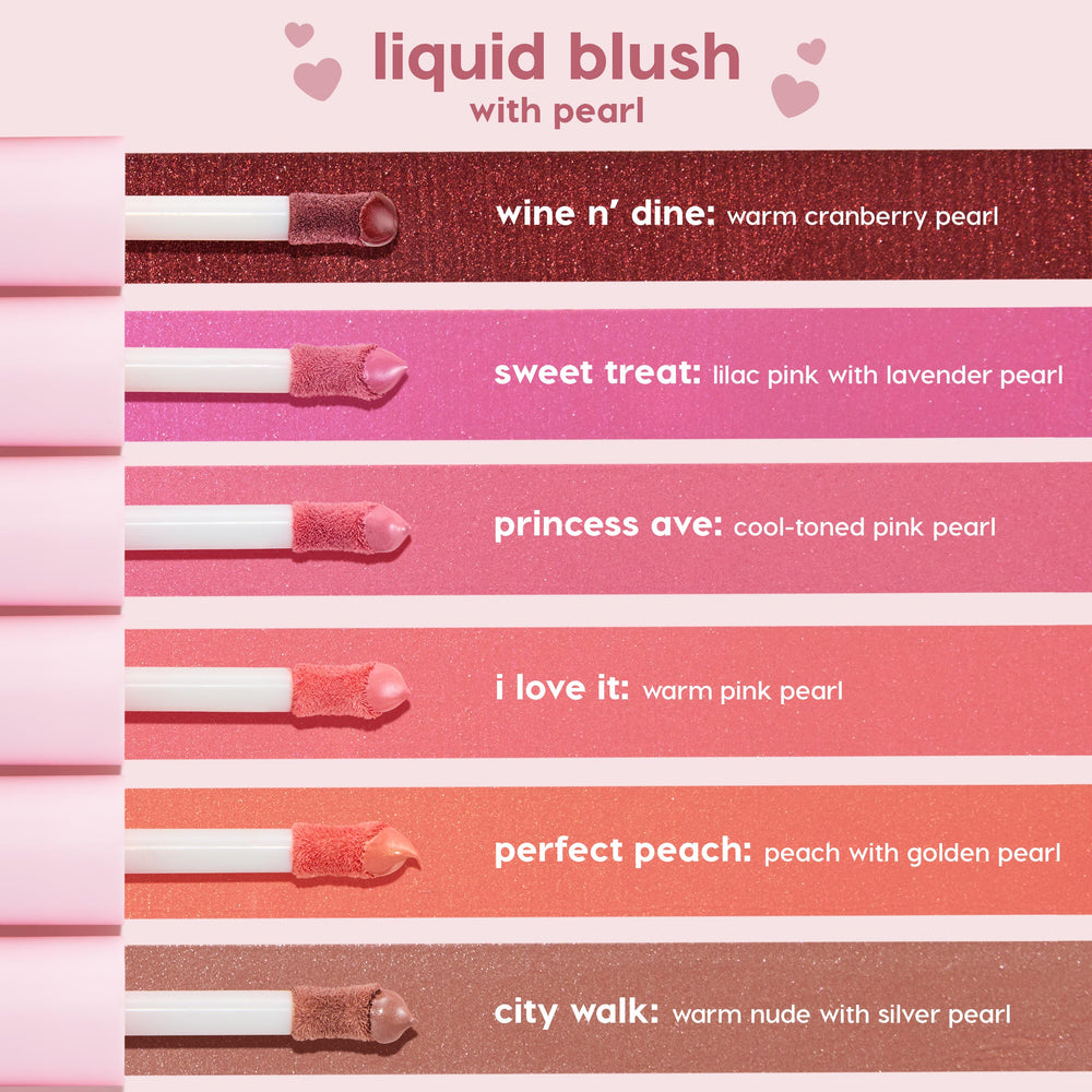 City Walk ColourPop Liquid Blush swatched on a doe-foot wand, warm nude with silver pearl finish, displayed at the bottom of a six-shade lineup on a pink backdrop.