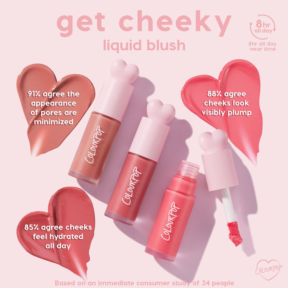 ColourPop Liquid Blush Wildest Dreams shown in a pink flat lay - three heart‑capped tubes with one open and a doe‑foot applicator - surrounded by heart-shaped swatches, highlighting 8‑hour wear and benefits like smoother pores, plumper, hydrated cheeks.
