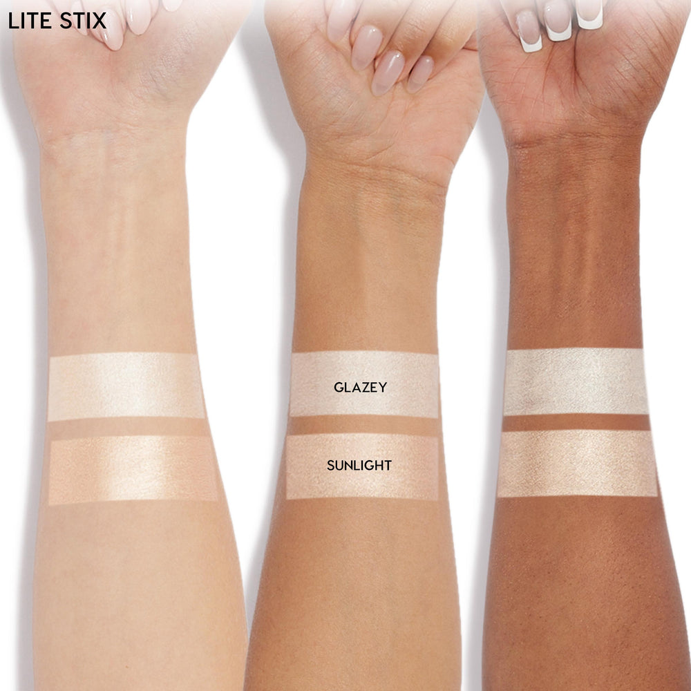 ColourPop Lite Stix highlighter in Sunlight swatched on three forearms - light, medium, and deep skin - showing a warm champagne glow; Glazey swatch sits above for comparison, labels visible in a clean studio product shot.