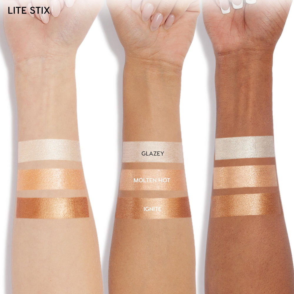 ColourPop Lite Stix Ignite swatched on light, medium, and deep arms, showing a warm copper shimmer with high shine; displayed alongside Glazey and Molten Hot for comparison on a clean white background.