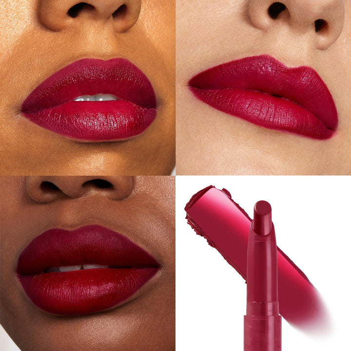 ColourPop Lippie Stix My Bad showcases a rich berry-red lipstick coating lips, with three close-up wear shots on different skin tones and a product bullet and swipe, highlighting bold, creamy coverage and a smooth satin finish.