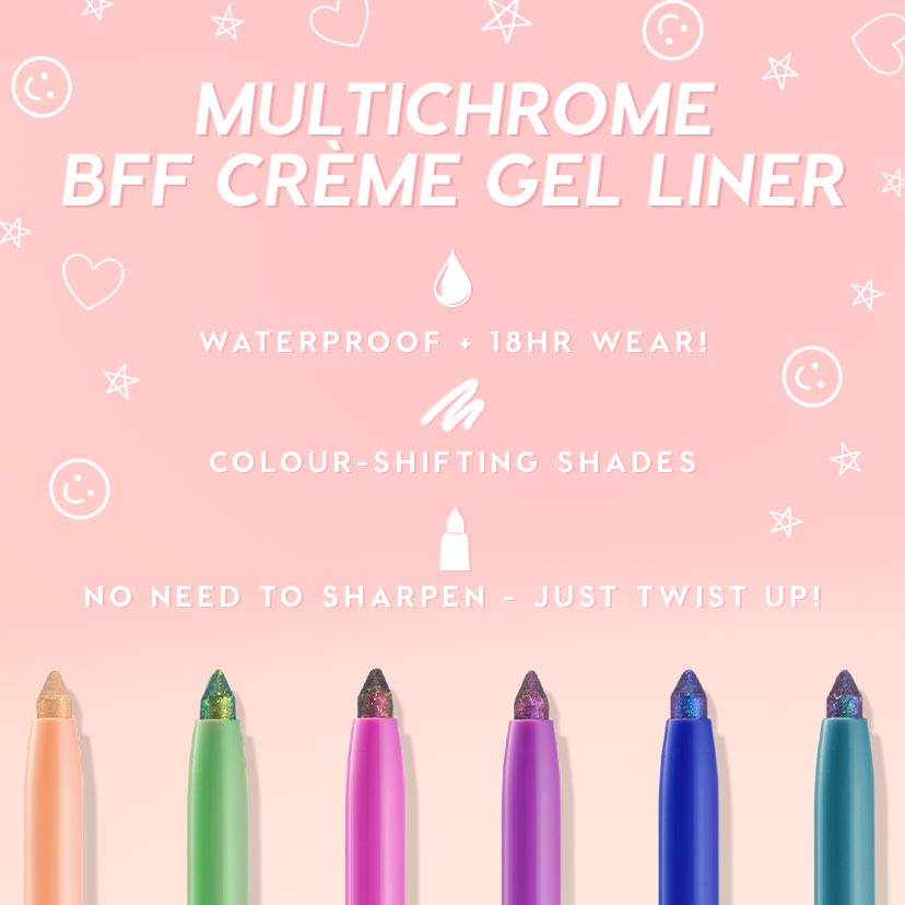 ColourPop Crème Gel Liner in Good Shift glides out as a twist-up, multichrome, color-shifting eyeliner with a shimmering tip, shown on a pink promo with waterproof and 18-hour wear claims alongside other vibrant liner shades.