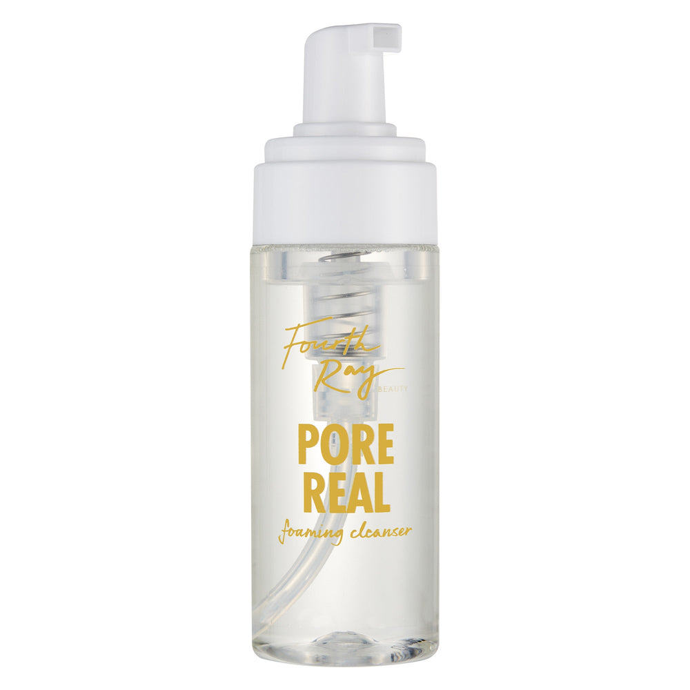 Fourth Ray Beauty Pore Real Cleanser standing upright with a white foaming pump, clear bottle, and gold lettering, a ColourPop Face Cleanser for gentle facial cleansing, shown against a clean white studio background.