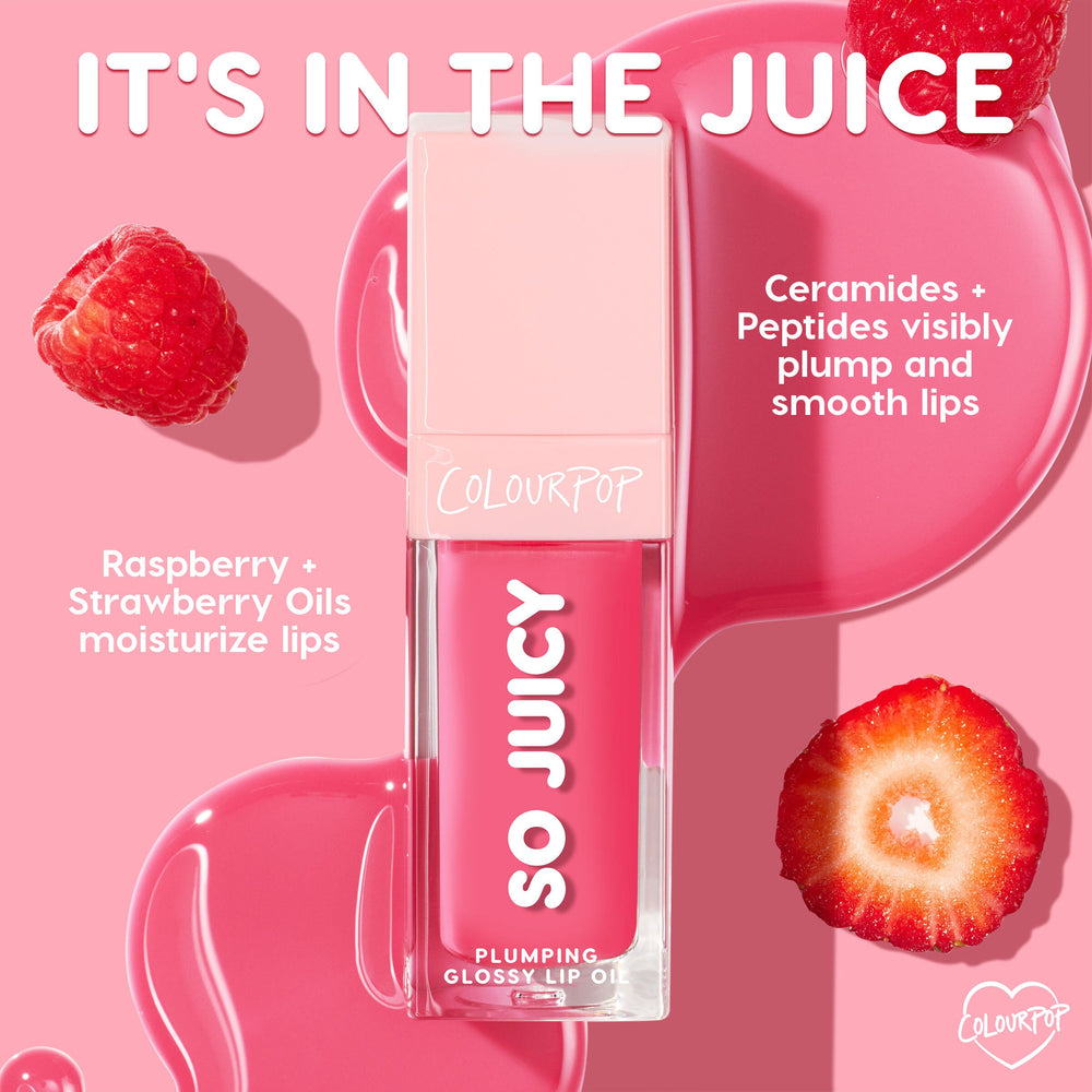 ColourPop So Juicy Plumping Glossy Lip Oil in Baby Panda stands upright with vivid pink gloss, flanked by raspberries, a strawberry slice, and shiny oil swirls, highlighting ceramides, peptides, and raspberry + strawberry oils for plump, smooth lips.