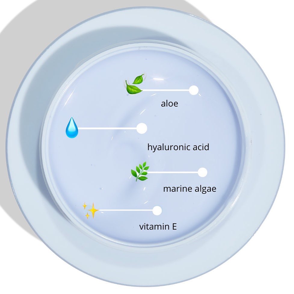 Soak It Up Hydrating Mask, a ColourPop Face Mask, displayed in an open jar of pale lavender gel, highlights ingredients with callouts - aloe, hyaluronic acid, marine algae, and vitamin E - on a white dish under bright light.