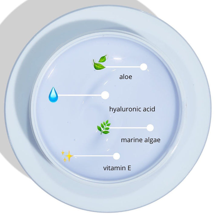 Soak It Up Hydrating Mask, a ColourPop Face Mask, displayed in an open jar of pale lavender gel, highlights ingredients with callouts - aloe, hyaluronic acid, marine algae, and vitamin E - on a white dish under bright light.