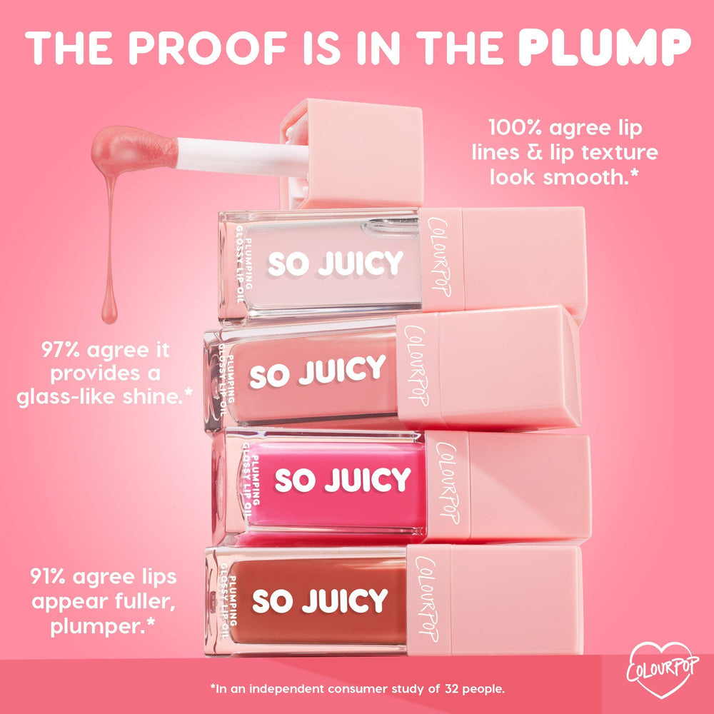 ColourPop So Juicy Lip Oil Set It’s Giving Juicy stacked tubes with a dripping doe-foot applicator, showing clear, pink, and nude shades on a pink backdrop; infographic highlights glass-like shine, smoother lip lines, and a fuller look.