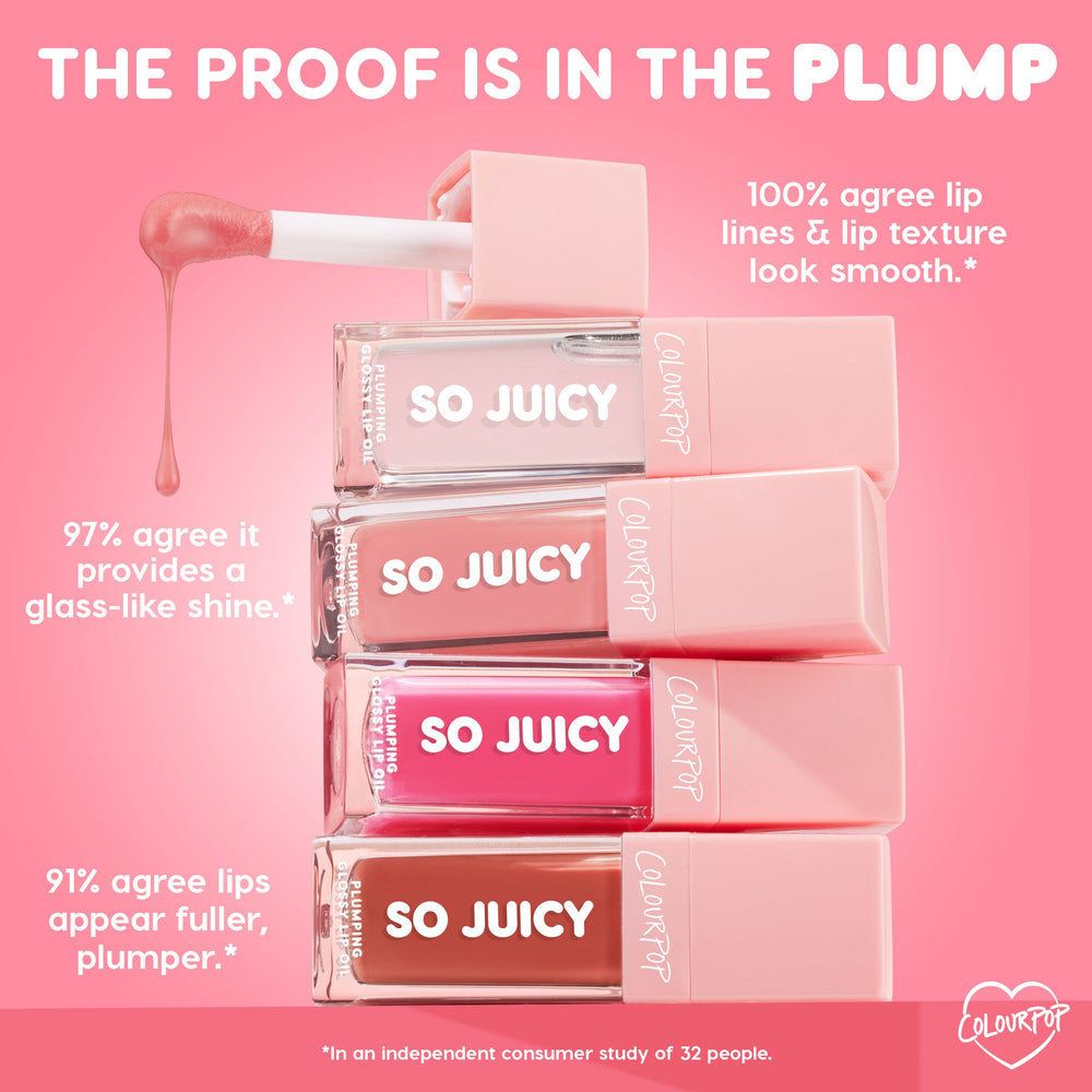 ColourPop So Juicy Plumping Glossy Lip Oil in It’s a Date drips from a doe-foot applicator over stacked pink-capped tubes on a pink backdrop, showcasing glossy shades and claims of glass-like shine, smoother texture, and fuller-looking lips.