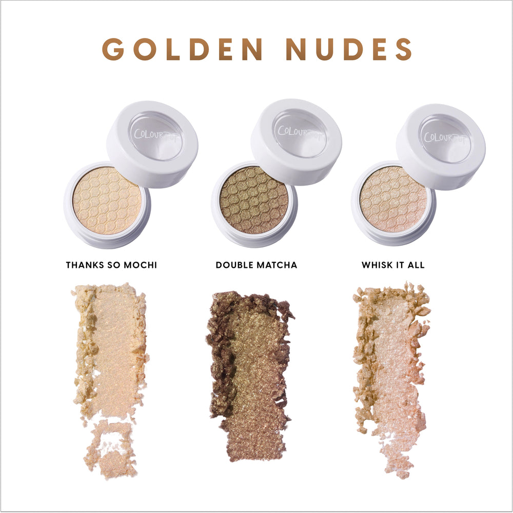 ColourPop Matcha and Mochi Super Shock Shadow trio in Golden Nudes, showing three open pots and crushed swatches of Thanks So Mochi pale gold, Double Matcha olive bronze, and Whisk It All champagne shimmer on a white background.
