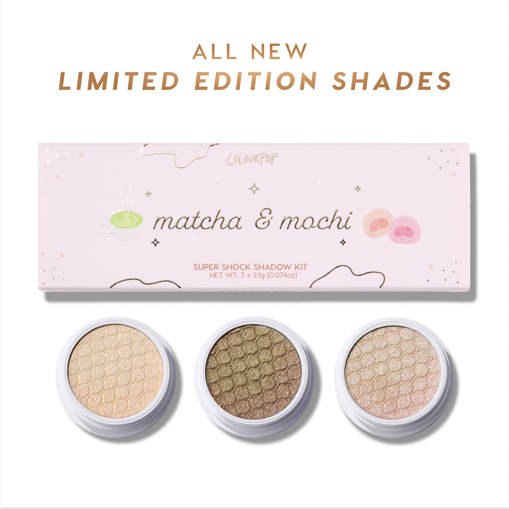 ColourPop Matcha and Mochi Super Shock Shadow kit showing three open shimmer eyeshadow pots in honeycomb-pressed pans beneath a pastel pink box with matcha and mochi illustrations and “All New Limited Edition Shades” text on a white background.
