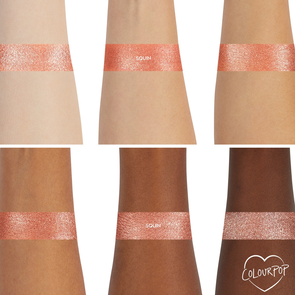 Sequin Super Shock Shadow swatch gleams across six forearms, showing smooth, opaque payoff on light to deep skin tones; a metallic rose‑gold copper shimmer band on each arm, with the ColourPop heart logo in the bottom right.