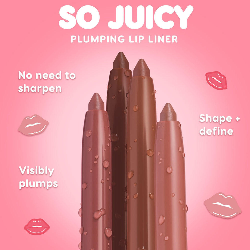 ColourPop So Juicy Plumping Lip Liner & Balm Set in Juicy Berry, four twist-up lip liners in berry‑nude shades stand upright with dewy droplets, shaping and defining lips with a visibly plumping, no‑sharpen design on a pink gradient backdrop.
