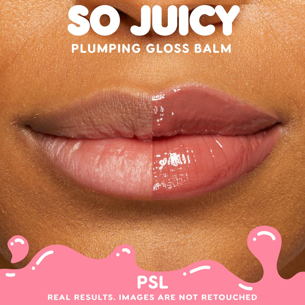 Full lips show a split before-and-after: left bare, right plumped and glassy after applying ColourPop So Juicy Plumping Gloss Balm with Peptides, Lush Pout, in PSL, a peachy nude, shown in a close-up beauty demo.