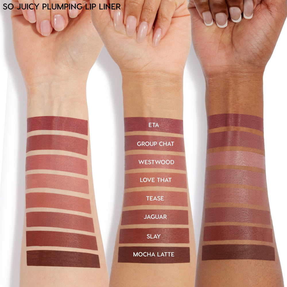 Juicy Berry So Juicy Plumping Lip Liner & Balm Set shades swatched on three arms of different skin tones, showing rich berry and nude colours labeled ETA, Group Chat, Westwood, Love That, Tease, Jaguar, Slay, and Mocha Latte for Shop All Colourpop, Colourpop shoppers.