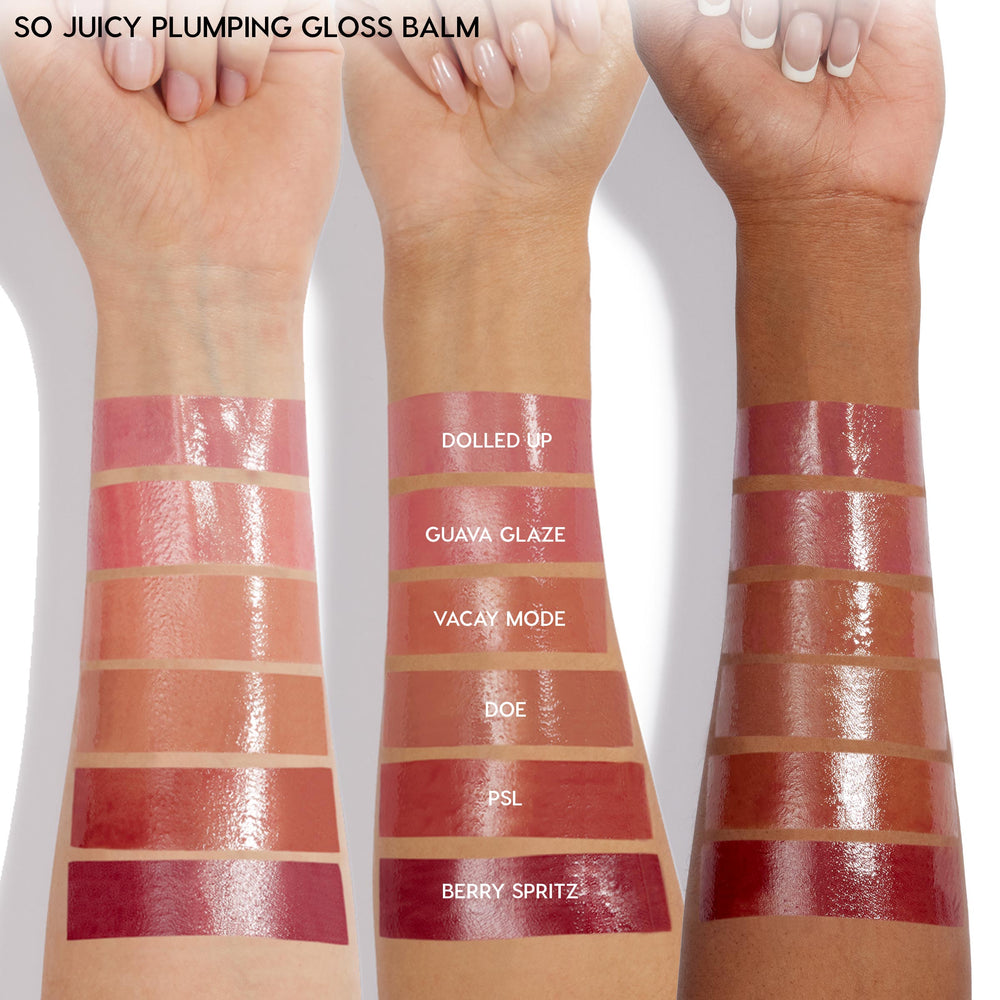Glossy lip colors swatched across three forearms on a white studio background, showcasing ColourPop So Juicy Plumping Lip Liner & Balm Set, Juicy Berry; labeled stripes include Dolled Up, Guava Glaze, Vacay Mode, Doe, PSL, and Berry Spritz.