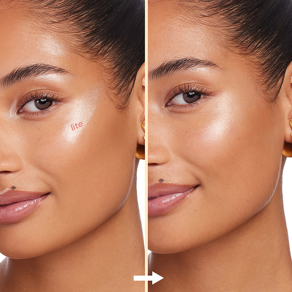 Molten Hot Lite Stix highlight creating a dewy pearly glow - swiped then blended on a model’s cheek in a split-screen close-up; ColourPop Lite Stix demonstrates a subtle before-and-after radiance.