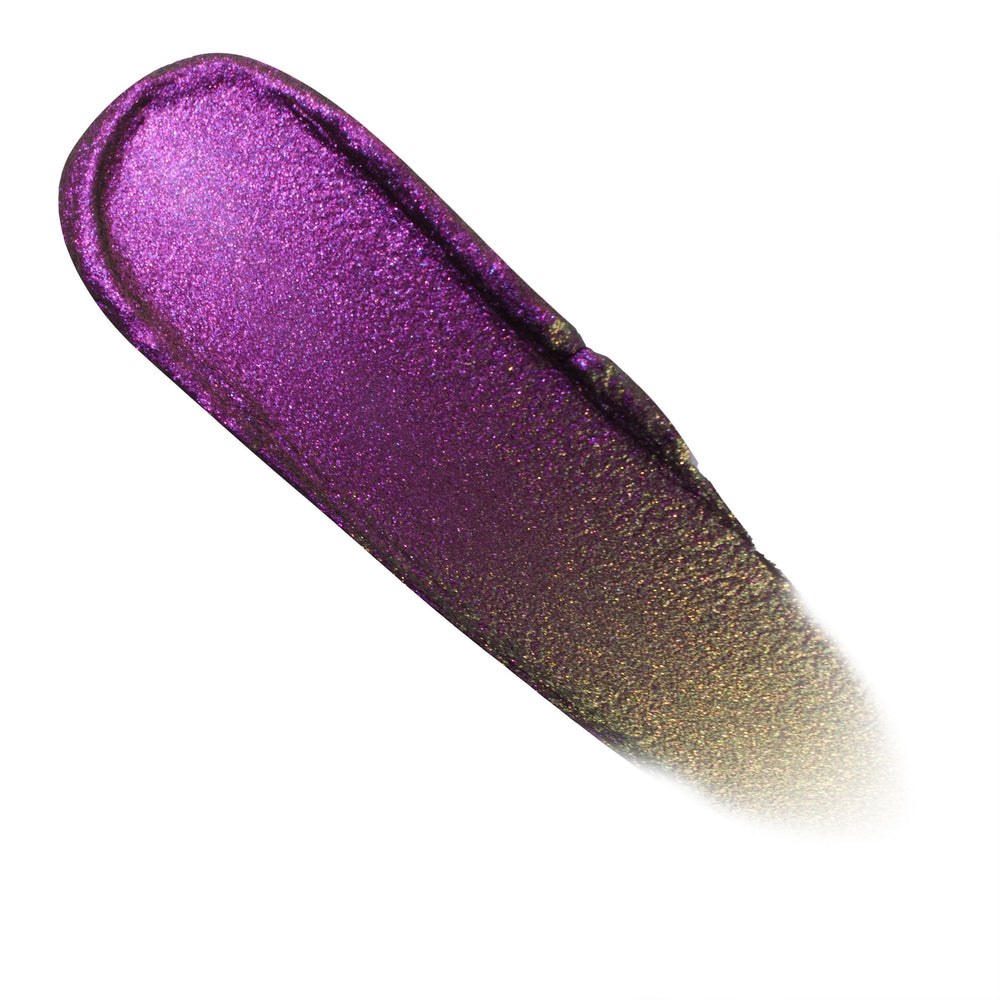 Supernova Chrome Liquid Shadow swatch shifts from vivid purple to olive-gold with metallic sparkle, shown in a thick single swipe on a white background; ColourPop Chrome Liquid Shadow duo-chrome finish for standout eye looks.