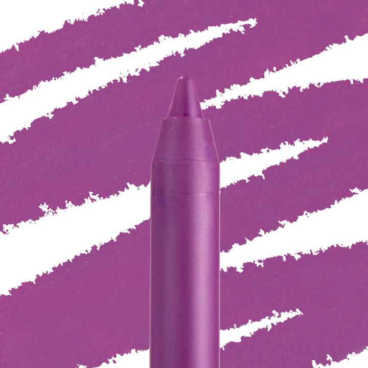 TBH ColourPop Lippie Pencil tip standing upright, highlighting a rich plum-purple hue with bold diagonal swatch streaks behind on a white backdrop, focusing on the precise lip liner point and pigment payoff.