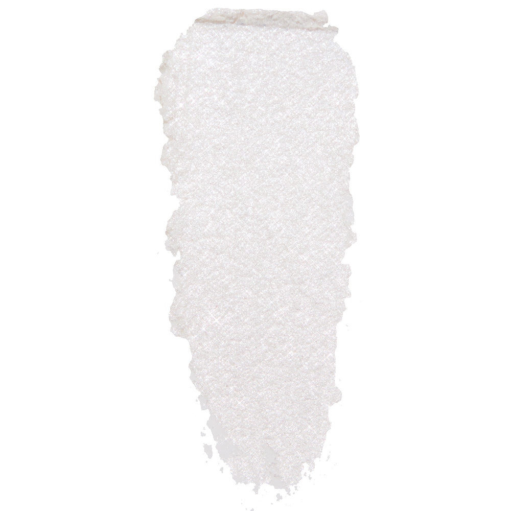 Tassel Super Shock Shadow by ColourPop - pearly white eyeshadow swatch shimmering with icy silver microglitter - smeared in a single swipe to show creamy texture and high-shine finish, on a clean white background.