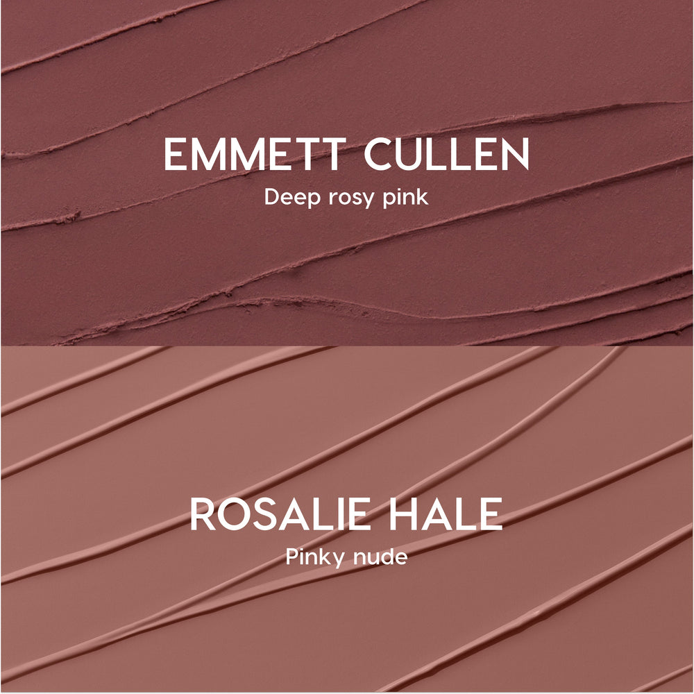 Opposites Attract Lippie Stix swatches showing two Twilight-inspired lip colors: Emmett Cullen in deep rosy pink on top and Rosalie Hale in pinky nude on bottom, both smeared in smooth diagonal strokes on a textured background.