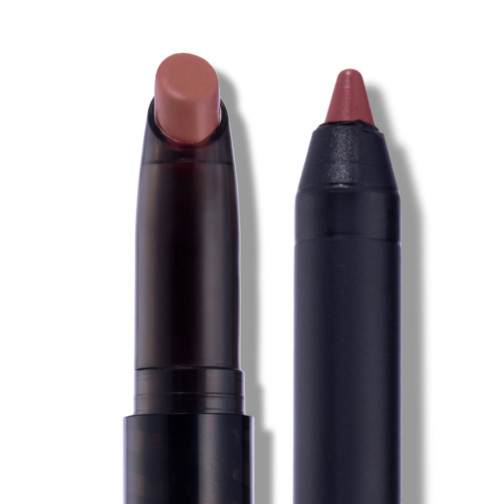 Opposites Attract Lippie Stix in a Twilight-inspired mauve nude shade shown uncapped side by side, with the creamy lipstick bullet and matching pointed pencil tip against a clean white background for detailed product close-up.