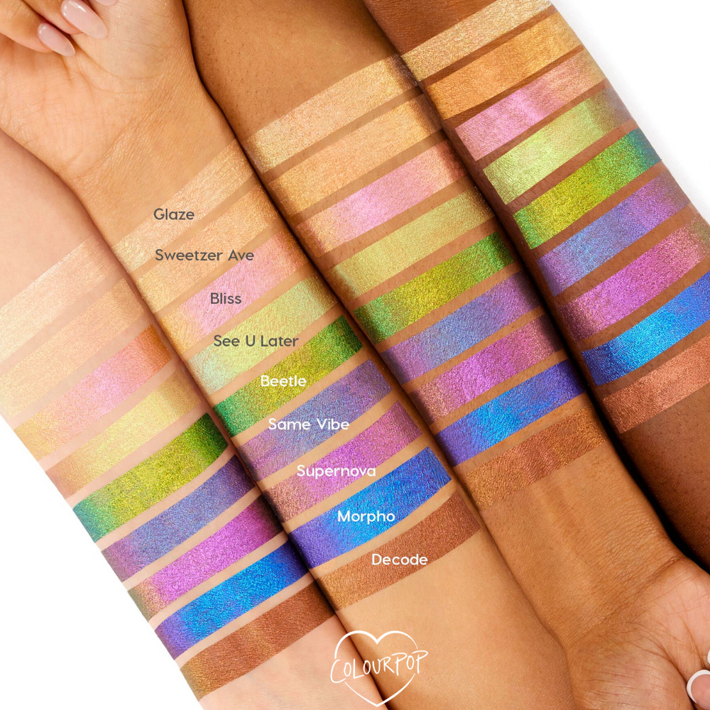 ColourPop Vibe Shift Chrome Liquid Shadow swatched on multiple arms, showcasing multichrome metallic stripes that shift pink, green, gold, blue, and purple across varied skin tones on a white background.