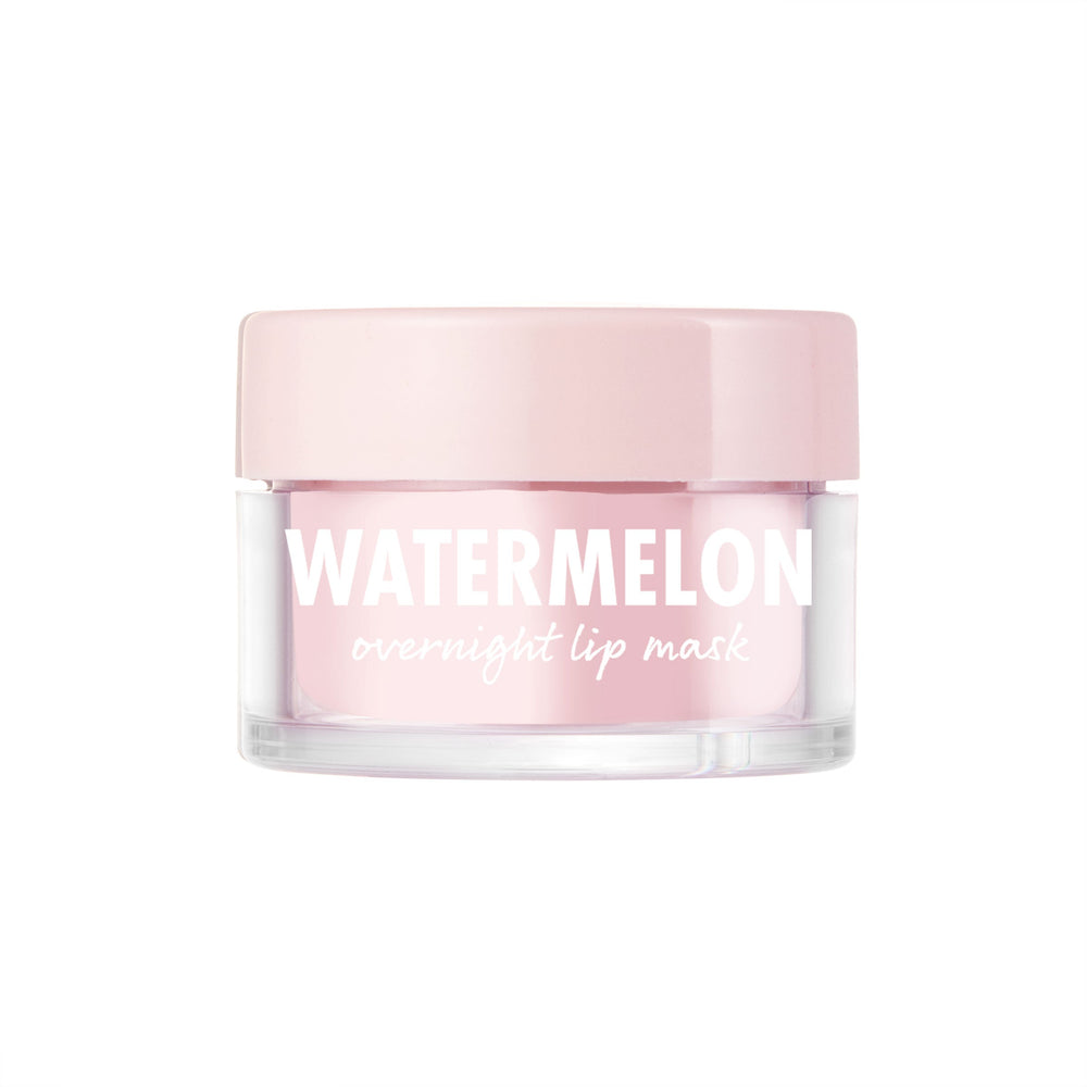 ColourPop Watermelon Lip Mask shown in a small clear glass jar with a pale pink lid, the light pink overnight formula labeled “WATERMELON” in white, sitting centered against a clean white background.