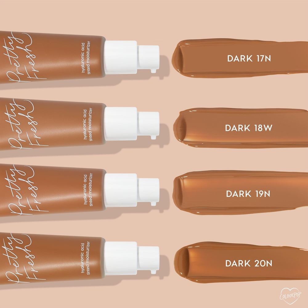 Dark 17 N swatch shown with pump bottle of Pretty Fresh Tinted Moisturizer, displayed beside Dark 18W, Dark 19N, and Dark 20N on a nude backdrop; ColourPop Pretty Fresh Tinted Moisturizer with hyaluronic acid for sheer, dewy coverage.