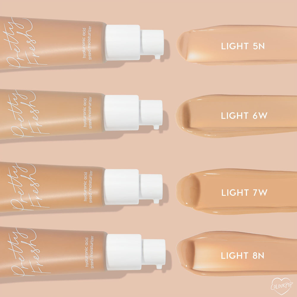 ColourPop Pretty Fresh Tinted Moisturizer Light 5N showcases a pump bottle and creamy neutral‑beige swatch, arranged beside Light 6W, Light 7W, and Light 8N on a peach background, highlighting the hyaluronic acid formula in white‑pump bottles.