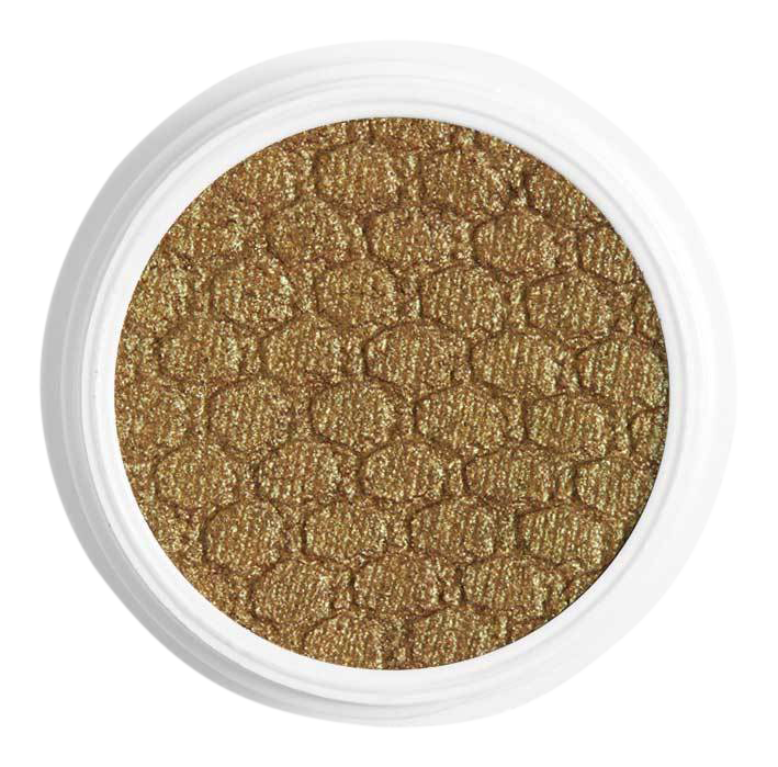 ColourPop Moonwalk Super Shock Shadow displaying a shimmery olive-gold, green-shift duochrome pan with a honeycomb texture, set in an open white jar, shown top-down on a clean white background.