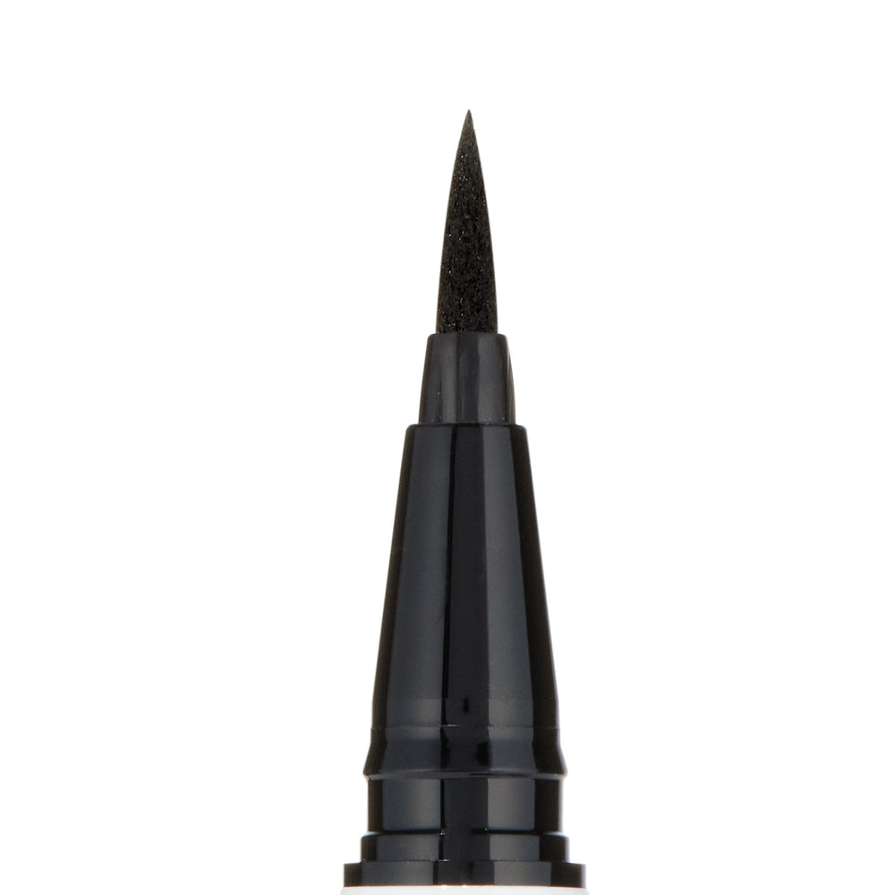 Felt-tip applicator delivering precise black lines, shown as a close-up of the ColourPop BFF Liquid Liner in Numero Uno, with the sharp black tip and glossy black pen housing centered against a clean white background.